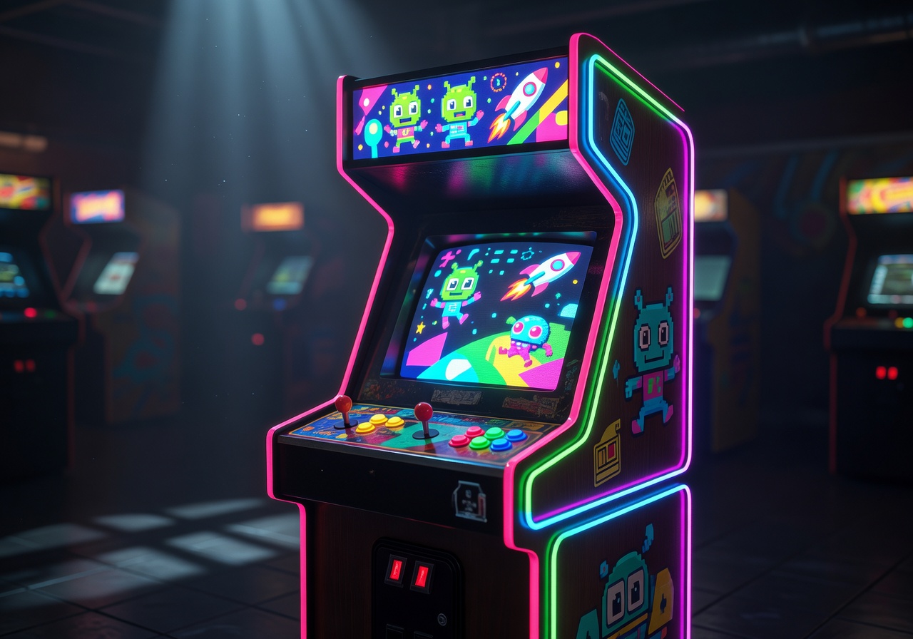 Glowing retro neon arcade machine with cartoon graphics