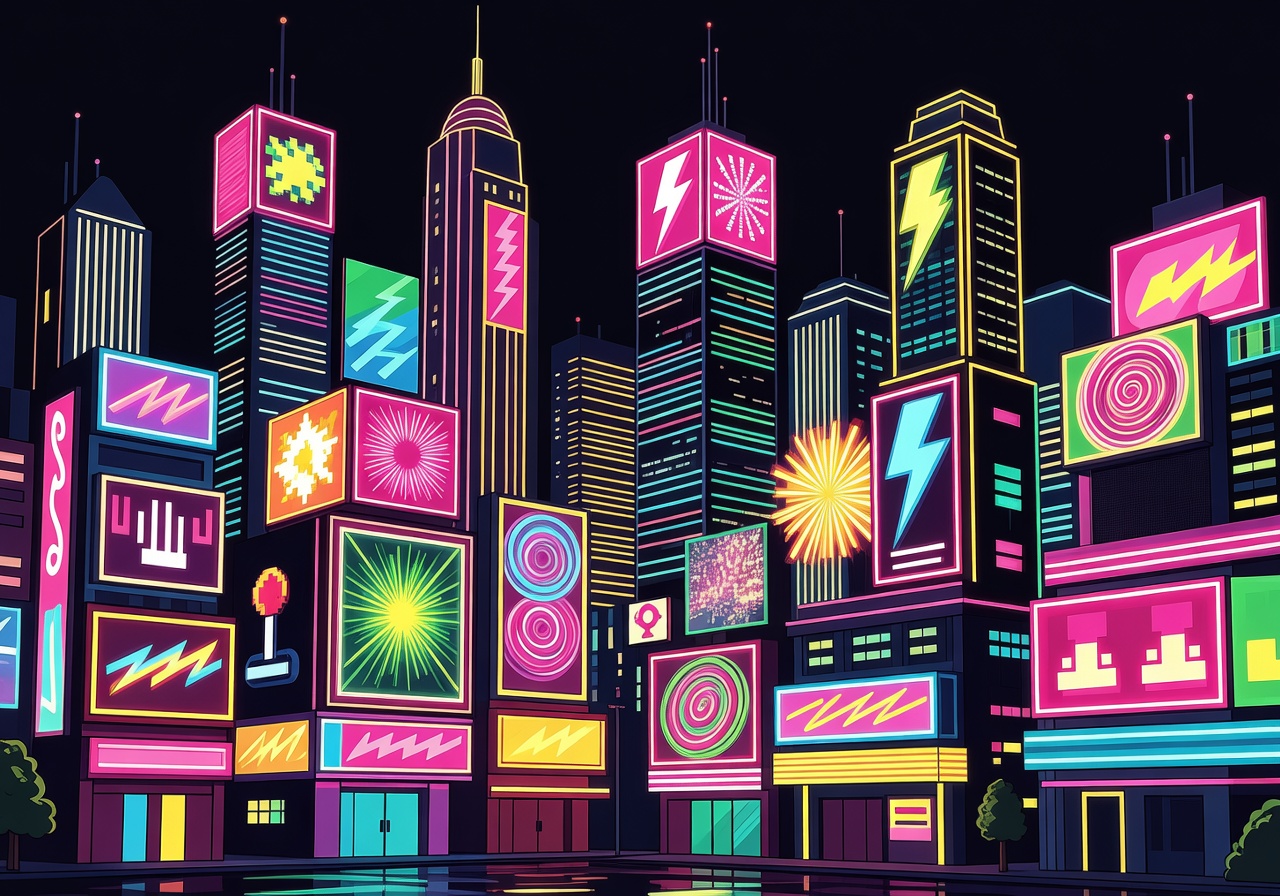 Vibrant neon cartoon city skyline at night with arcade signs
