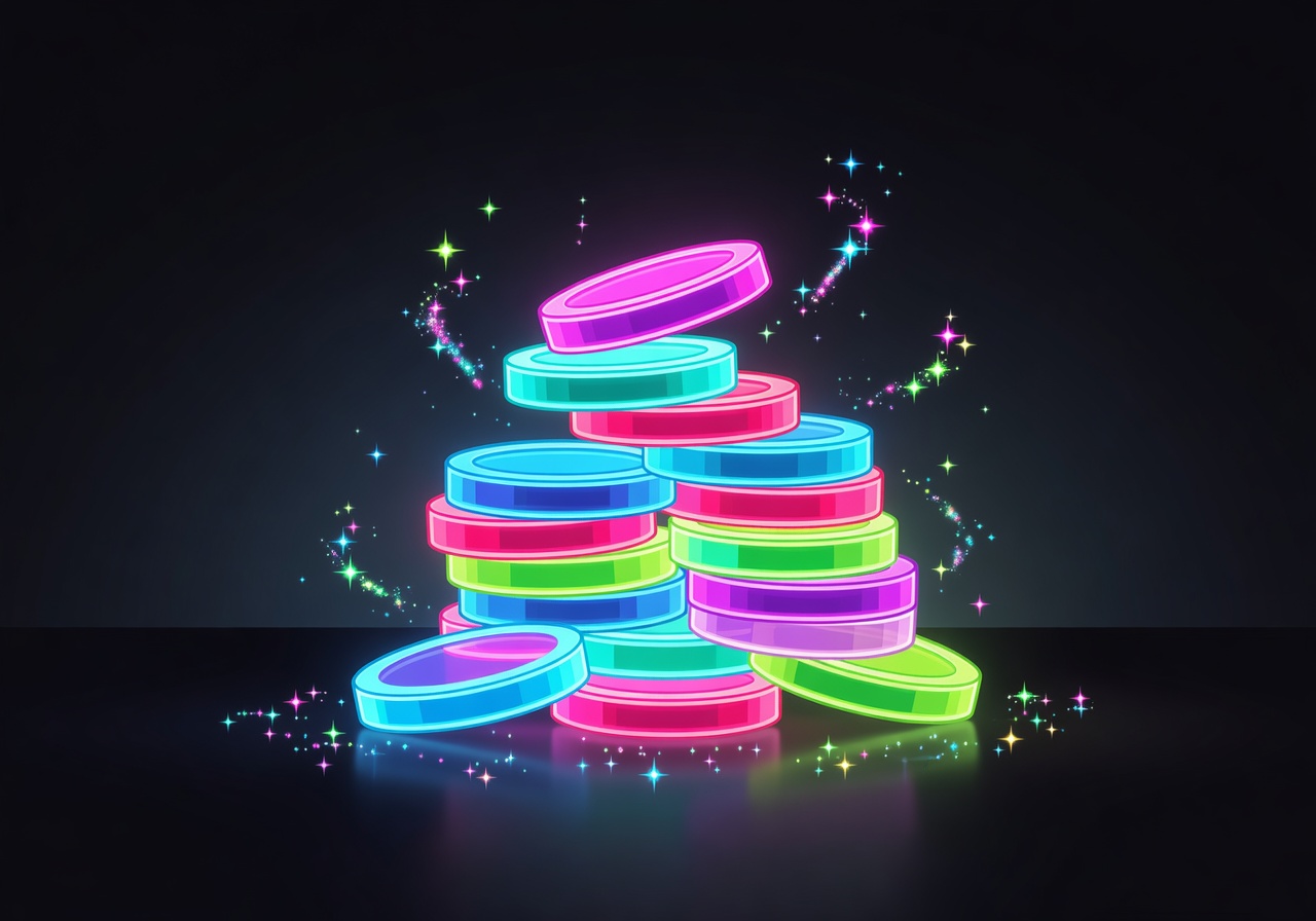 Stack of glowing cartoon arcade coins with neon sparkles