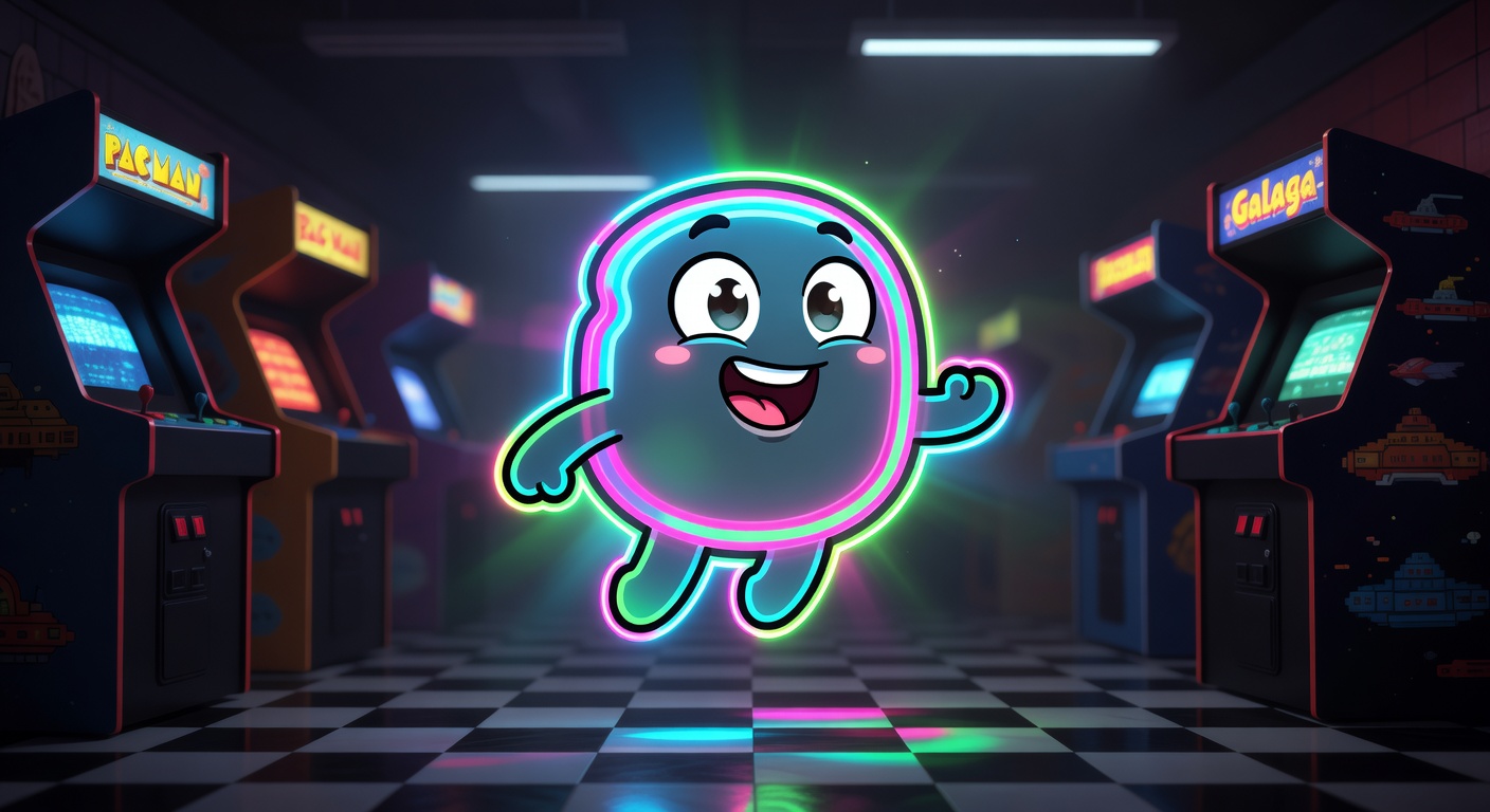 Floating cartoon arcade mascot character with neon glow